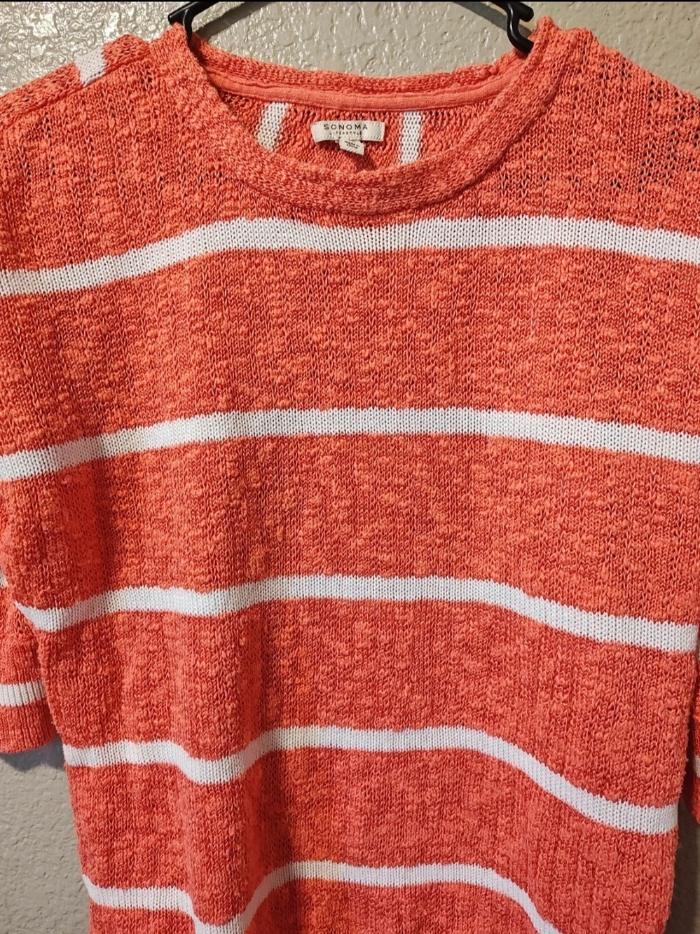 Sonoma Coral-Orange and White Striped Crewneck Sweater
